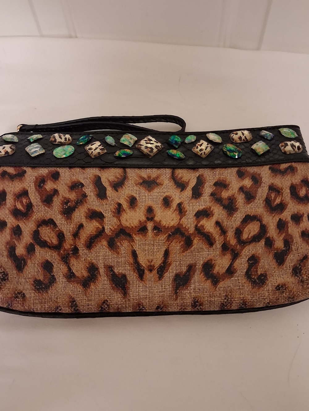 Christian Audigier Leopard Print Jeweled Wristlet Clutch - Black & Brown
